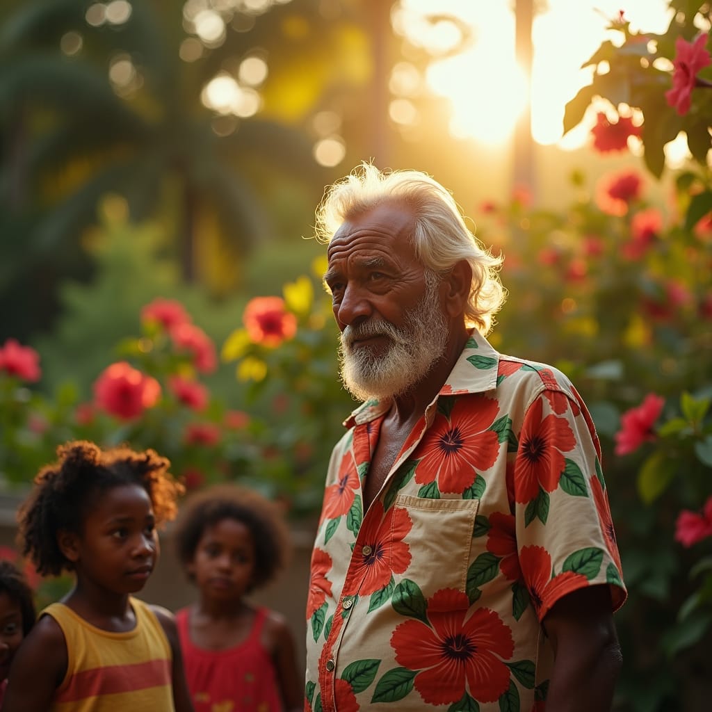 A warm, golden light casts a nostalgic glow on a Jamaican patriarch, dressed in a worn, yet dignified, guayabera shirt, as he stands in the lush, vibrant backyard of his family's ancestral home, surrounded by his eager, young children, their bright, inquisitive eyes fixed intently on his weathered face. The atmosphere is alive with the sweet scent of blooming hibiscus and the soft, melodic chirping of tropical birds, as he speaks in a low, soothing tone, his words dripping with paternal love and wisdom, "My dear children, I want you to know that I'm transferring this property into your names, but don't you worry, I'll still be here, living among these trees, these flowers, and these memories, until my time on this earth comes to an end.