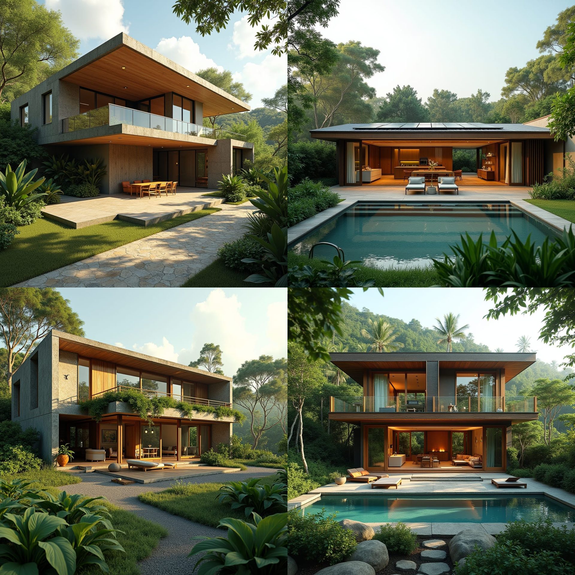 An eco-friendly home nestled in the vibrant city of Kingston, Jamaica, designed with sustainability and modern living in mind. The home features solar panels on the roof, energy-efficient windows, and natural ventilation systems. The exterior blends natural materials like reclaimed wood and stone with sleek contemporary elements. Surrounding the home is a lush garden with native plants and a rainwater harvesting system, creating a serene green space in the middle of the urban landscape. Inside, open-plan living spaces are filled with natural light, with minimalist decor that complements the eco-conscious design. Sustainable architecture, urban oasis, green living.