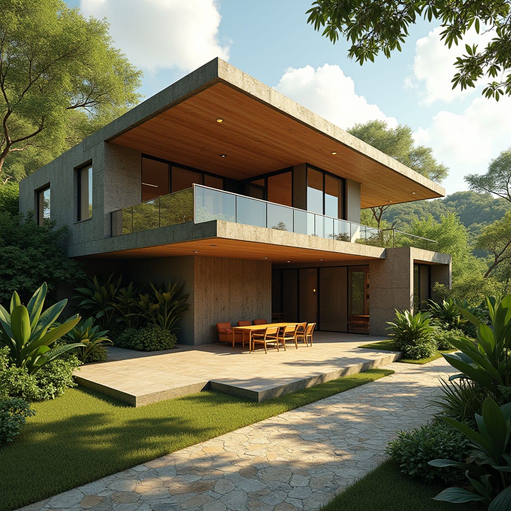 An eco-friendly home nestled in the vibrant city of Kingston, Jamaica, designed with sustainability and modern living in mind. The home features solar panels on the roof, energy-efficient windows, and natural ventilation systems. The exterior blends natural materials like reclaimed wood and stone with sleek contemporary elements. Surrounding the home is a lush garden with native plants and a rainwater harvesting system, creating a serene green space in the middle of the urban landscape. Inside, open-plan living spaces are filled with natural light, with minimalist decor that complements the eco-conscious design. Sustainable architecture, urban oasis, green living.