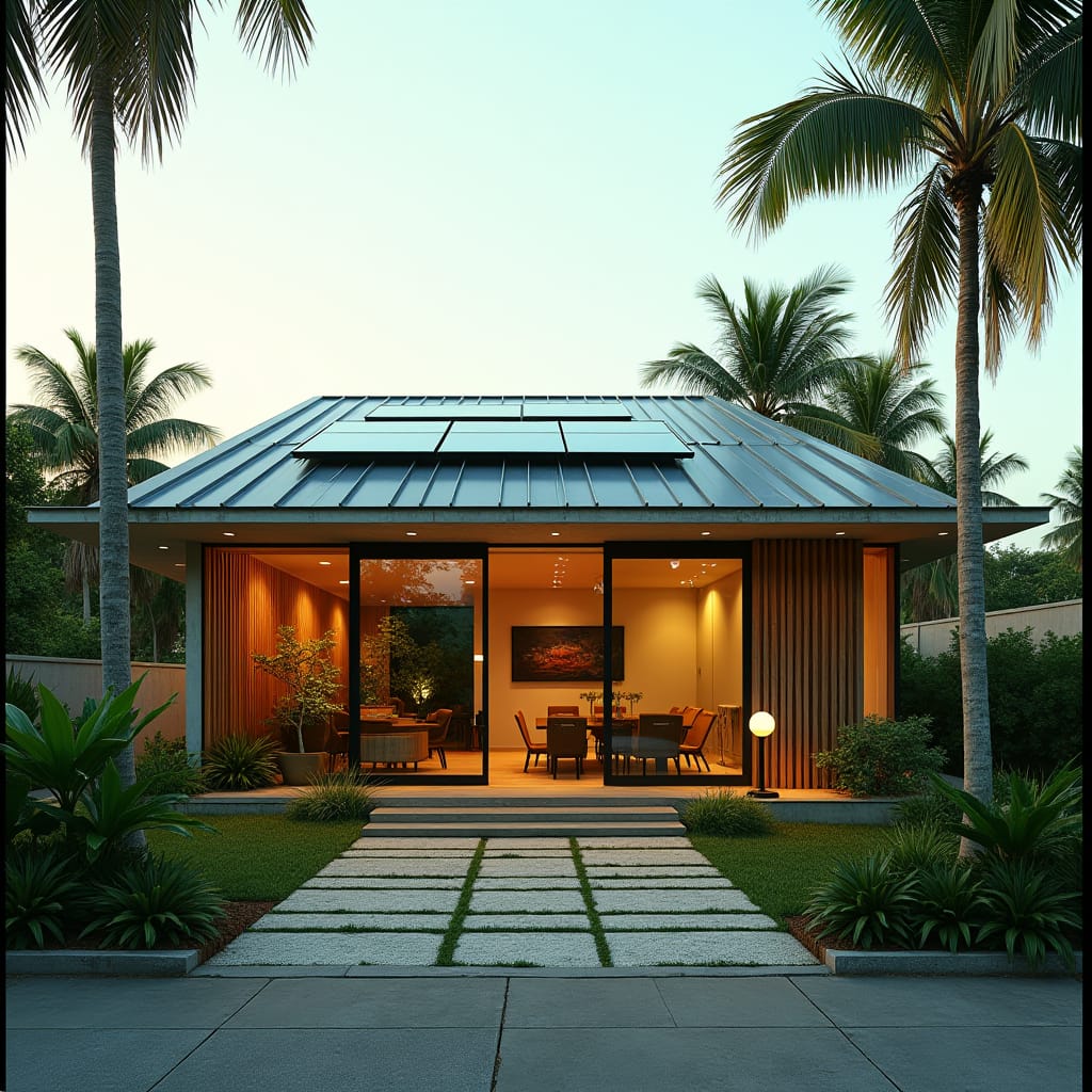 An eco-friendly, modern home in the heart of Kingston, Jamaica, designed with sustainability at its core. The house features a minimalist aesthetic with a flat roof equipped with solar panels and sleek rainwater tanks positioned around the structure for water harvesting. The exterior blends natural materials like reclaimed wood and concrete, providing both durability and environmental harmony. Palm trees and a few native plants frame the house, offering subtle greenery against the urban backdrop. Large windows maximize natural light, while the design ensures energy efficiency through proper insulation and natural ventilation. Eco-conscious architecture, urban sustainability, minimalist design.