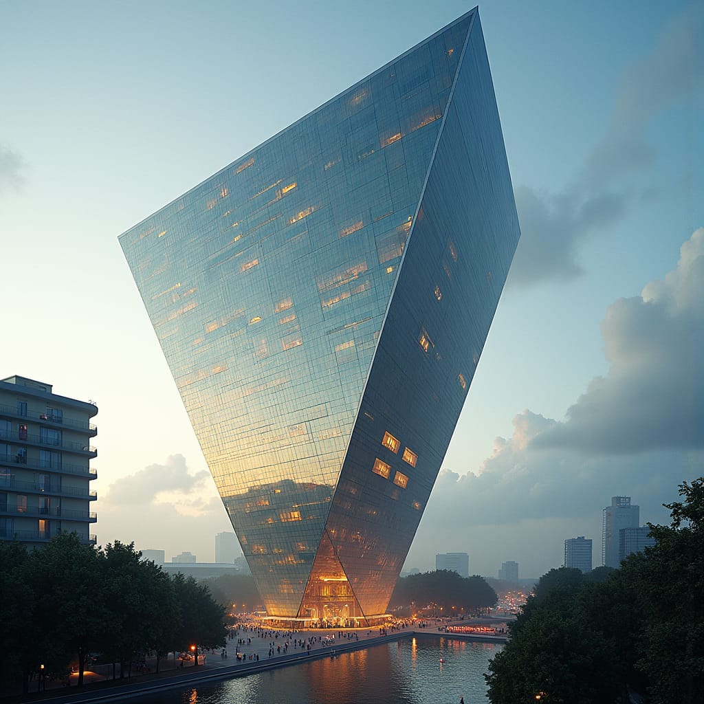 Colossal upside-down pyramid skyscraper in the heart of Kingston, its inverted apex piercing the sky, with a labyrinth of reflective glass walls that shimmer and ripple like a futuristic prism. As the structure defies gravity, its widest point at the top seems to float effortlessly, while the narrow base appears rooted to the earth. The upper floors, a tapestry of offices and luxury suites, are bathed in a kaleidoscope of colors, refracted through the glass walls. At the base, an open-air plaza bustles with public markets and events, a vibrant contrast to the sleek, modern architecture. 