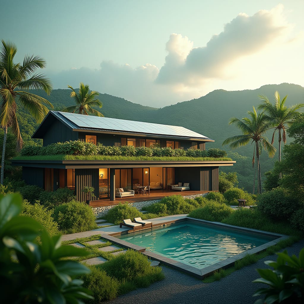 Eco-friendly luxury development in jamaica incorporating solar panels, green roofs