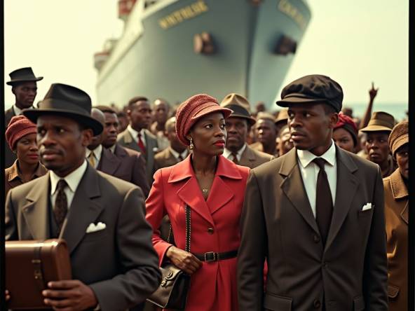 Historisch schip HMT Empire Windrush arriveert in Groot-Brittannië, jaren 1940