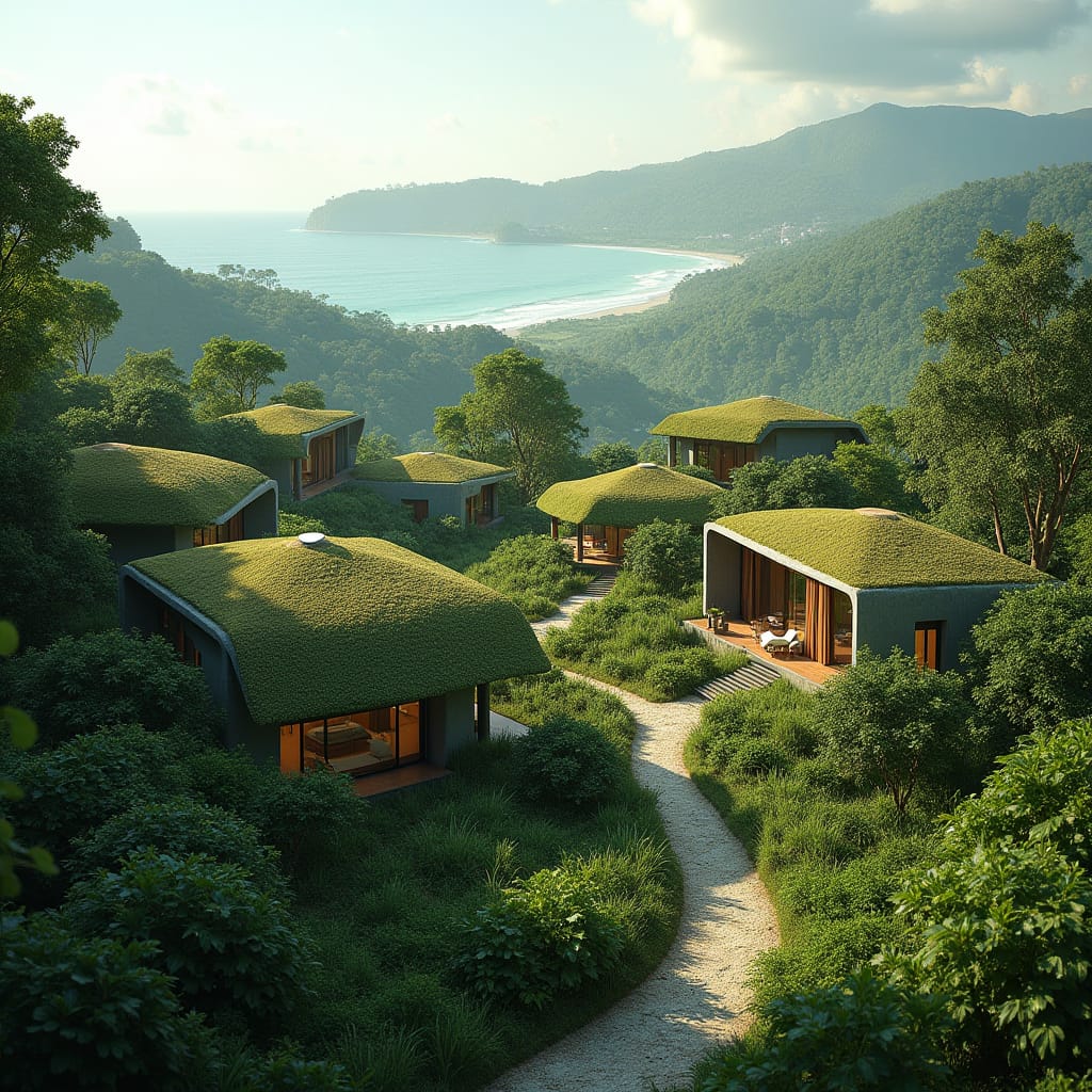 Imagine a futuristic retirement community nestled in the rolling hills of Jamaica, where tranquility meets modern innovation. This eco-friendly haven features sustainable, solar-powered villas designed with spacious open-floor plans, large glass windows, and green roofs that seamlessly blend with the lush natural surroundings. Each residence offers panoramic views of the Caribbean Sea, framed by tropical gardens, while the community is equipped with state-of-the-art healthcare facilities, wellness centers, and communal spaces for dining and social activities. Walking paths wind through botanical gardens, leading to beachside relaxation areas. Smart home technologies, energy-efficient designs, and water harvesting systems ensure that retirees enjoy both luxury and sustainability in this serene island paradise.