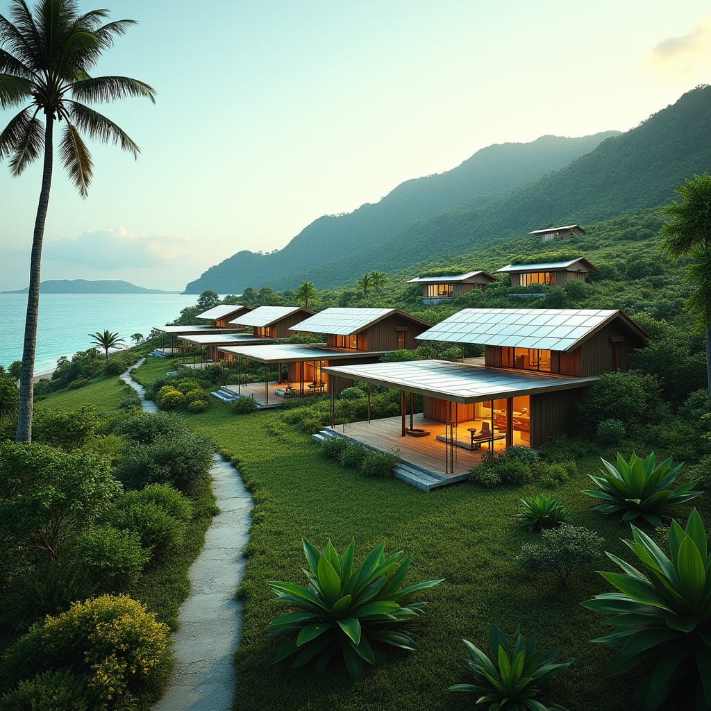 Imagine a futuristic retirement community nestled in the rolling hills of Jamaica, where tranquility meets modern innovation. This eco-friendly haven features sustainable, solar-powered villas designed with spacious open-floor plans, large glass windows, and green roofs that seamlessly blend with the lush natural surroundings. Each residence offers panoramic views of the Caribbean Sea, framed by tropical gardens, while the community is equipped with state-of-the-art healthcare facilities, wellness centers, and communal spaces for dining and social activities. Walking paths wind through botanical gardens, leading to beachside relaxation areas. Smart home technologies, energy-efficient designs, and water harvesting systems ensure that retirees enjoy both luxury and sustainability in this serene island paradise.