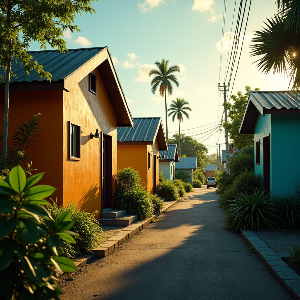In the vibrant city of Kingston, Jamaica, a cluster of tiny prefab homes, adorned with bright Caribbean colors and lush greenery, stand amidst a bustling neighborhood, as if plucked from a dystopian future and placed in a tropical paradise. The scene is bathed in the warm, golden light of a setting sun, casting long shadows and illuminating the homes' sleek, modern lines.
