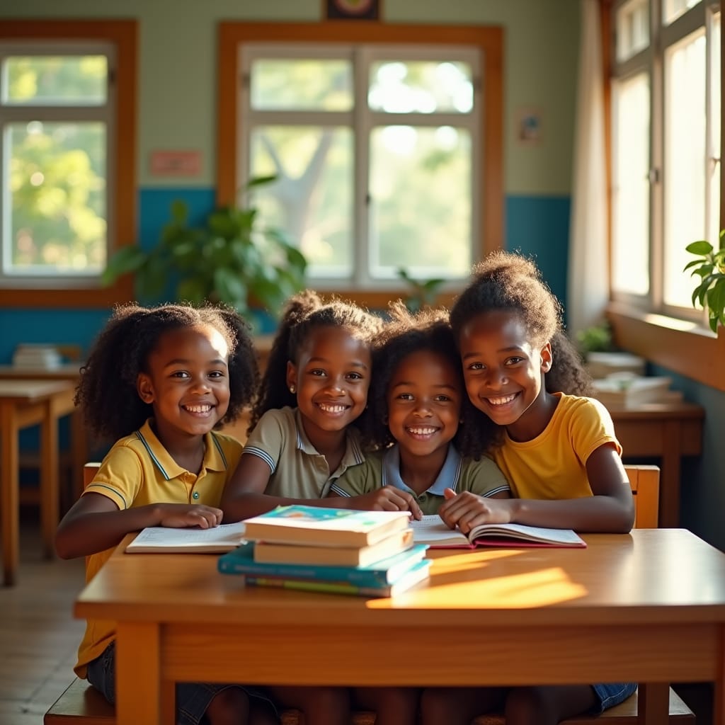 In a sun-drenched Caribbean classroom, vibrant Jamaican children with bright smiles and eager eyes engage in lively educational activities, surrounded by colorful textbooks and playful learning materials, shot in a warm, amplified by atmospheric lighting, to evoke a sense of hope and possibility rendering a visually stunning, post-processed masterpiece.