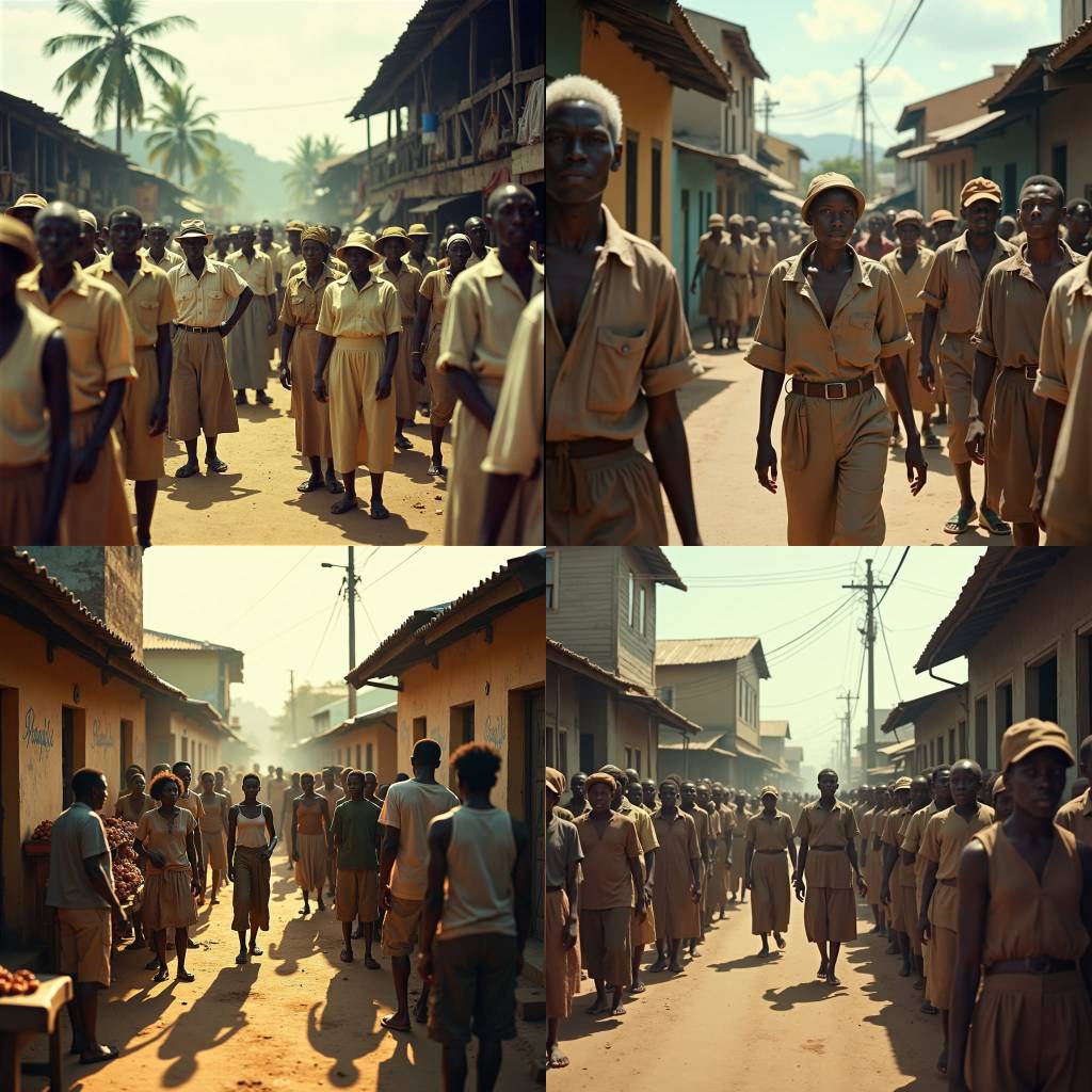 A Jamaican town street in 1941, with people of all ages dressed in worn, earth-toned clothing, queuing patiently for rationed goods, their faces etched with determination.