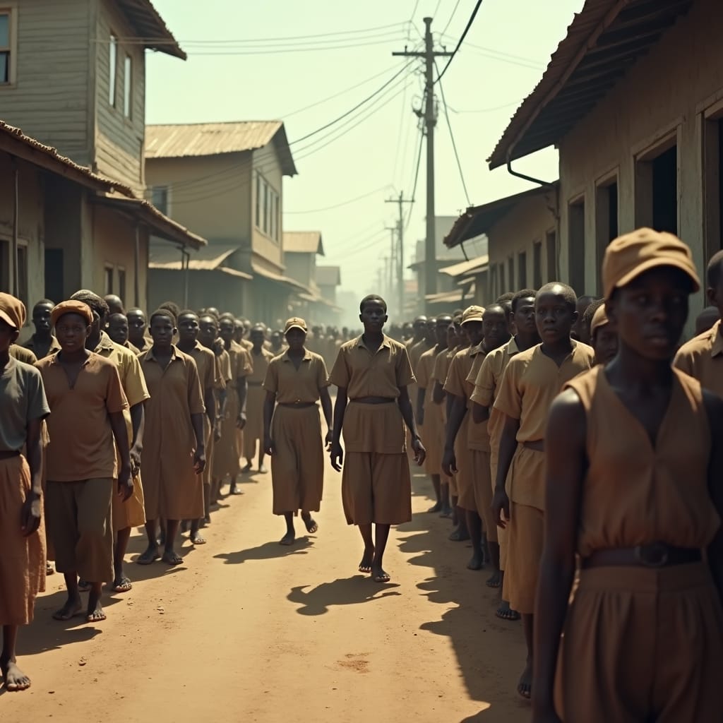 A Jamaican town street in 1941, with people of all ages dressed in worn, earth-toned clothing, queuing patiently for rationed goods, their faces etched with determination.