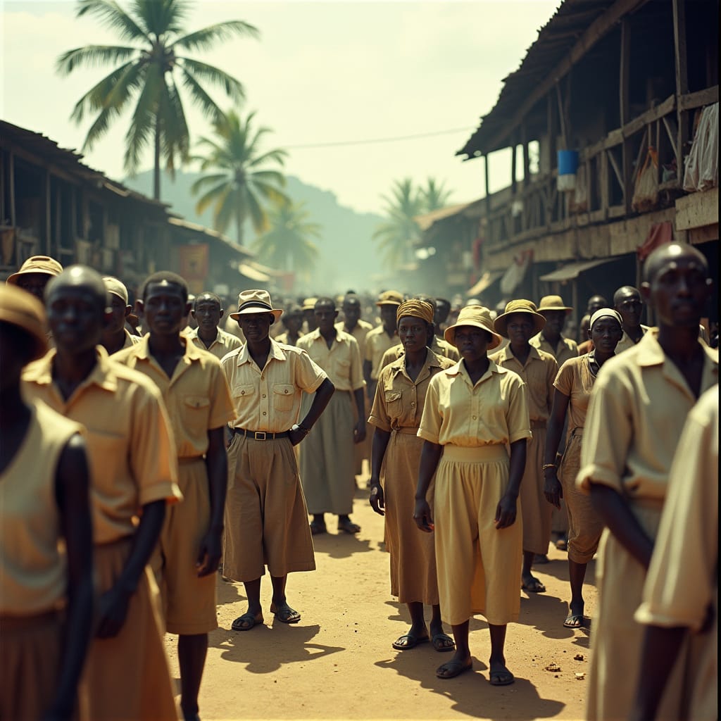 A Jamaican town street in 1941, with people of all ages dressed in worn, earth-toned clothing, queuing patiently for rationed goods, their faces etched with determination.