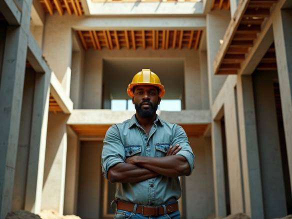 Jamaican man in a vibrant yellow hard hat and worn denim jeans, shirt sleeves rolled up, stands proudly amidst the partially constructed modern home's basement level, surrounded by exposed concrete, steel beams, and wooden scaffolding, as the half-completed structure rises above him, bathed in a warm, golden light.