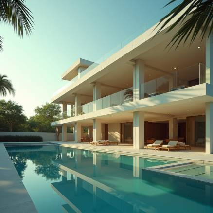 Majestic 6-story modern house with a dramatic Parapet gable roof, elevated on slender columns, with a sparkling swimming pool shimmering beneath the structure, as if floating on water.