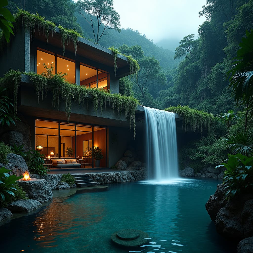 Stunning modern Jamaican villa perched on a lush cliffside, cascading water features and infinity pool blending seamlessly into the turquoise Caribbean Sea, surrounded by swaying palm trees and vibrant tropical flora, with a sleek, minimalist architecture reminiscent of the works of Alberto Campo Baeza, the vibrant colors and textures of David Hockney's landscapes, and the organic, curvilinear forms of Santiago Calatrava's designs.