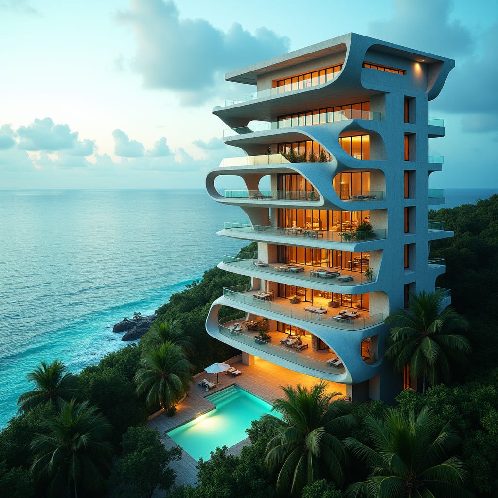 Sleek, modern Jamaican skyscraper in Ocho Rios, Jamaica, rising from the sea, with multiple levels of glimmering pools, expansive glass surfaces, and rugged concrete platforms, featuring dramatic protruding platforms at various heights, overlooking the turquoise Caribbean waters.