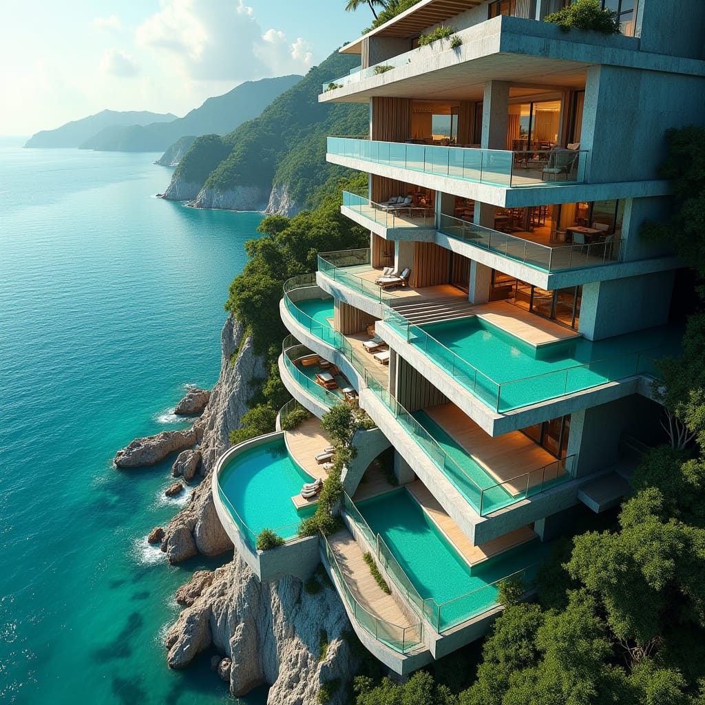 Sleek, modern Jamaican skyscraper in Ocho Rios, Jamaica, rising from the sea, with multiple levels of glimmering pools, expansive glass surfaces, and rugged concrete platforms, featuring dramatic protruding platforms at various heights, overlooking the turquoise Caribbean waters.