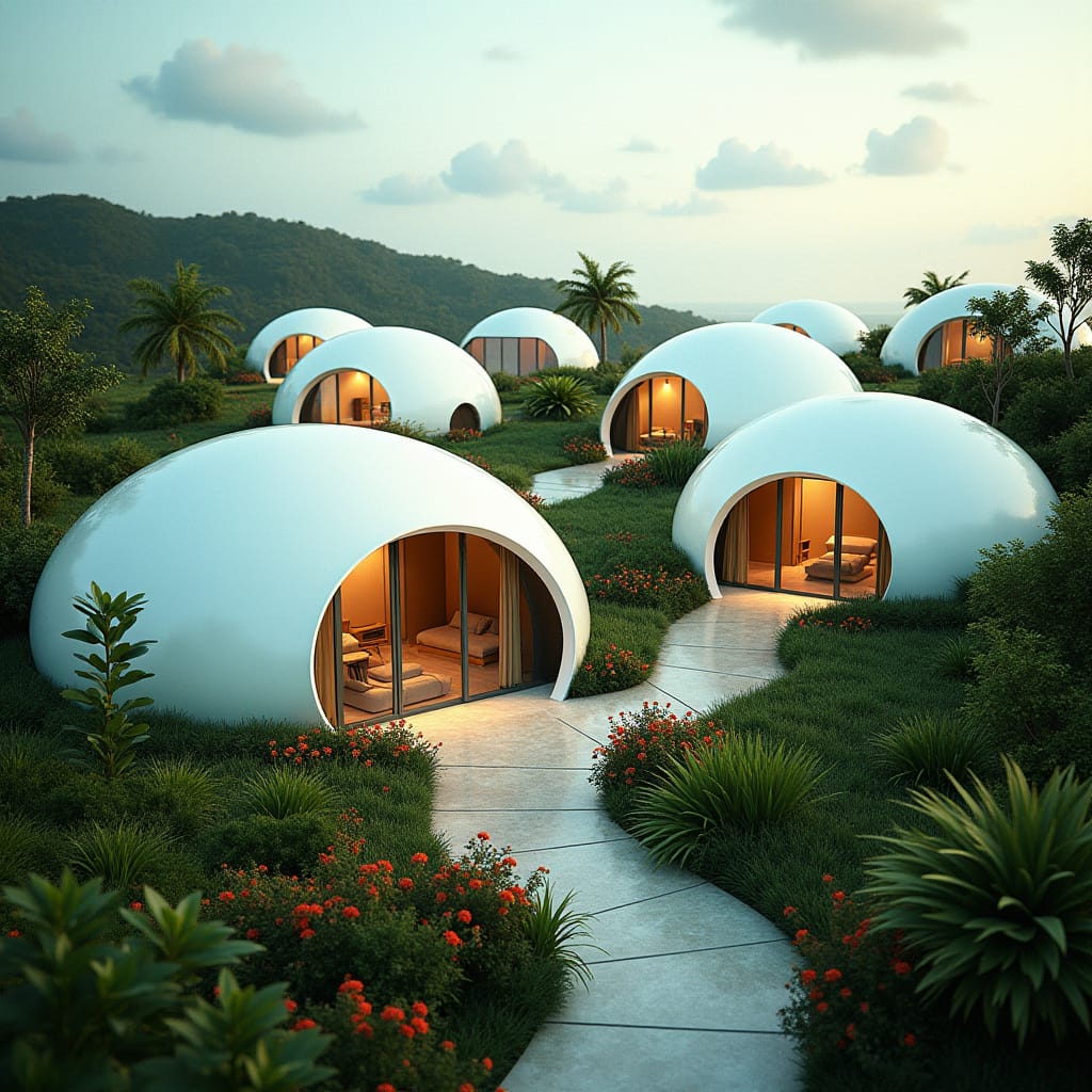 Sleek, modern dome homes in a tranquil, tropical setting, nestled in the heart of Mobay, Jamaica, with lush greenery and vibrant flora surrounding the unique, curved architecture.