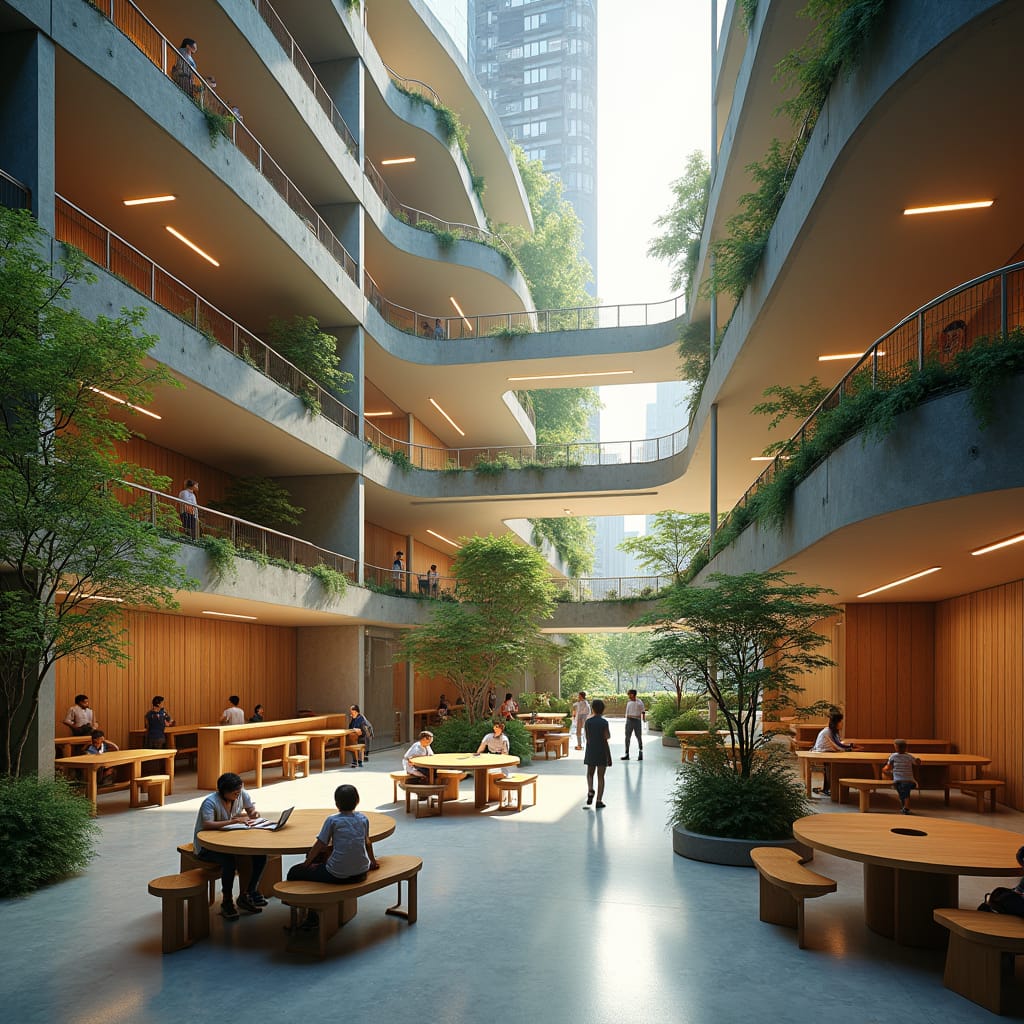 Sleek, modern urban school with vertical architecture, maximizing limited space in a densely populated area, with multi-level classrooms, rooftop playgrounds, and cutting-edge safety features. Incorporating abundant indoor greenery, serene quiet study zones, and flexible, tech-enhanced learning spaces to prioritize student wellness. Exposed concrete, glass, and reclaimed wood elements blend functionality with a contemporary aesthetic, evoking a sense of innovative, forward-thinking design. Moody, cinematic lighting casts dramatic shadows, with a warm, golden color palette