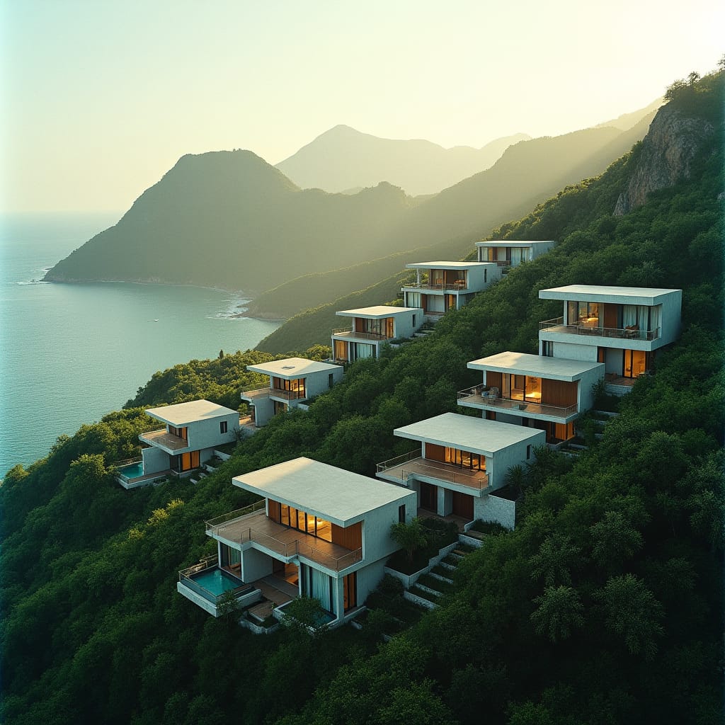 Ten modern, individual, two-bedroom, two-story concrete and glass homes, dispersed across a lush Jamaican countryside hill, surrounded by breathtaking mountain vistas, in an L-shaped configuration, set against the picturesque backdrop of Gibraltar, Jamaica. Each unit's sleek, minimalist design blends seamlessly into the natural landscape, evoking a sense of serenity and sophistication.