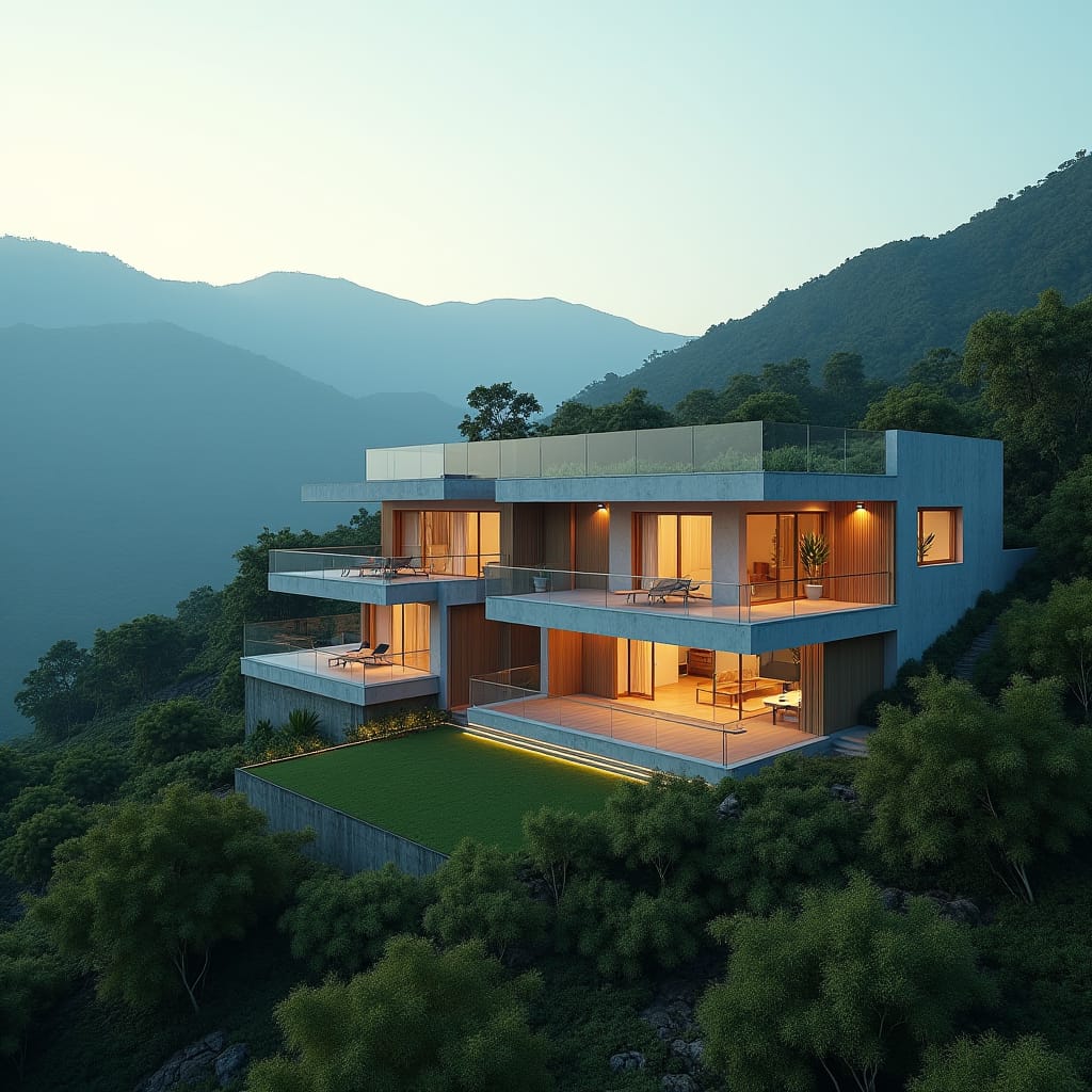 Luxurious 2-story modern Jamaican homes, 10 units in total, in a serene countryside setting with breathtaking mountain views, arranged in an L-shaped scheme, showcasing sleek concrete and glass exteriors, blending harmoniously with the natural surroundings, Gibraltar, Jamaica. 