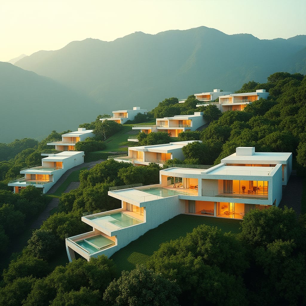 Ten modern, individual, two-bedroom, two-story concrete and glass homes, dispersed across a lush Jamaican countryside hill, surrounded by breathtaking mountain vistas, in an L-shaped configuration, set against the picturesque backdrop of Gibraltar, Jamaica. Each unit's sleek, minimalist design blends seamlessly into the natural landscape, evoking a sense of serenity and sophistication.