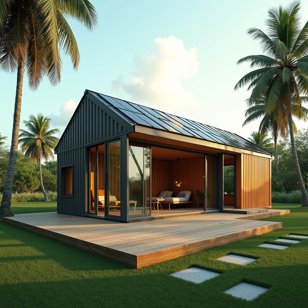 A sleek, eco-friendly container house in Jamaica, designed with modern aesthetics and sustainability in mind. The home is constructed from repurposed shipping containers, featuring large windows for natural light and ventilation. Solar panels line the roof, providing clean energy, while rainwater harvesting tanks are discreetly placed around the structure. The exterior is a blend of steel, wood accents, and glass, creating a harmonious balance between industrial chic and eco-conscious design. Minimal greenery surrounds the house, with palm trees swaying gently in the tropical breeze, set against a serene Jamaican landscape. Sustainable living, modern container design, tropical eco-home. A sleek, eco-friendly container house in Jamaica, designed with modern aesthetics and sustainability in mind. The home is constructed from repurposed shipping containers, featuring large windows for natural light and ventilation. Solar panels line the roof, providing clean energy, while rainwater harvesting tanks are discreetly placed around the structure. The exterior is a blend of steel, wood accents, and glass, creating a harmonious balance between industrial chic and eco-conscious design. Minimal greenery surrounds the house, with palm trees swaying gently in the tropical breeze, set against a serene Jamaican landscape. Sustainable living, modern container design, tropical eco-home.