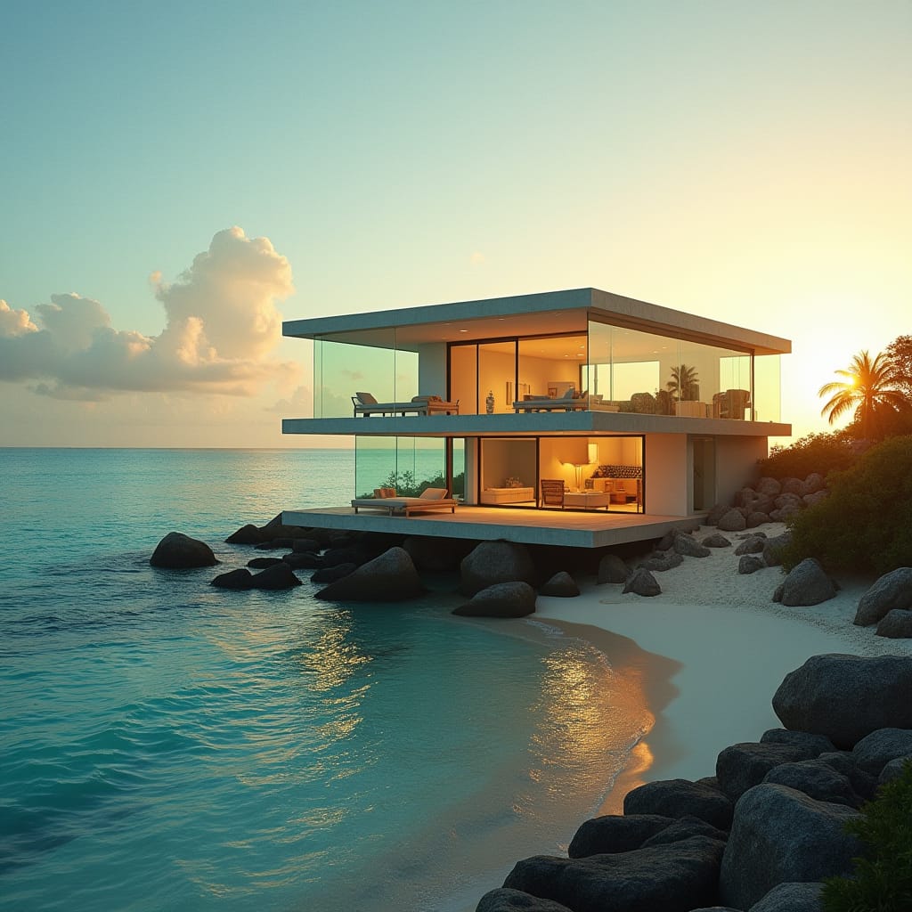 Ultra-modern, three-story glass prefab home nestled on a pristine Jamaican beach, overlooking the turquoise Caribbean Sea. Warm, golden light of the setting sun casts a dramatic glow on the sleek, minimalist architecture, accentuating the seamless integration with the natural surroundings.