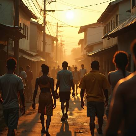Vibrant Jamaican community in a lively ghetto, bathed in warm, golden light, with deep shadows and rich textures