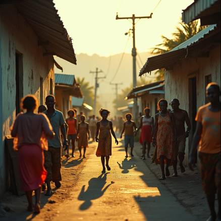 Vibrant Jamaican ghetto community, bustling with life, warm golden light casting long shadows, residents in worn, colorful clothing, surrounded by gritty, weathered architecture, cinematic lighting accentuating textures