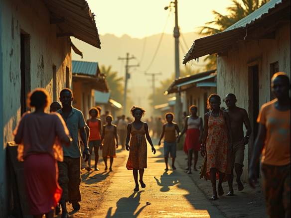 Vibrant Jamaican ghetto community, bustling with life, warm golden light casting long shadows, residents in worn, colorful clothing, surrounded by gritty, weathered architecture, cinematic lighting accentuating textures