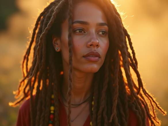 Vibrant, youthful woman with a strong Rastafarian identity, warm golden light dancing across her gentle feature