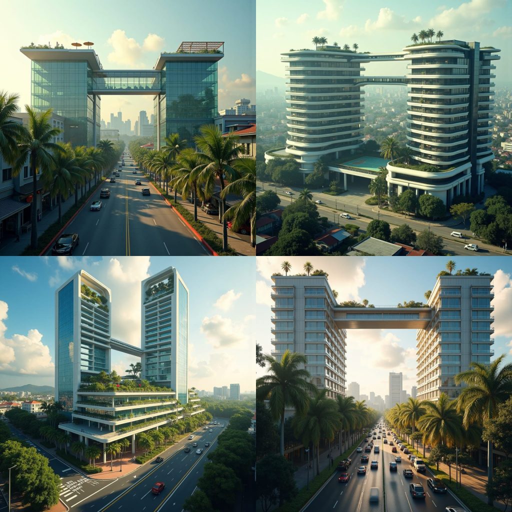 A majestic, modern school rises from the heart of Kingston, its twin sleek glass towers connected by a dramatic, elevated skybridge that soars above a bustling city street, captured in a cinematic film still with the warmth of 35mm film, rich film grain, and a subtle vignette. The rooftop oasis, filled with swaying palm trees and lush tropical plants, provides a serene escape for students, while the boldly cantilevered gymnasium offers breathtaking views of the vibrant urban tapestry below. Floor-to-ceiling windows flood the airy classrooms with natural light, framing the dynamic cityscape in a stunning display of modern, tropical design.