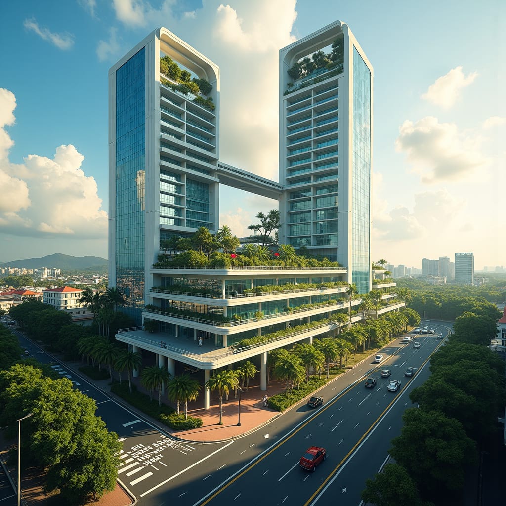 A majestic, modern school rises from the heart of Kingston, its twin sleek glass towers connected by a dramatic, elevated skybridge that soars above a bustling city street, captured in a cinematic film still with the warmth of 35mm film, rich film grain, and a subtle vignette. The rooftop oasis, filled with swaying palm trees and lush tropical plants, provides a serene escape for students, while the boldly cantilevered gymnasium offers breathtaking views of the vibrant urban tapestry below. Floor-to-ceiling windows flood the airy classrooms with natural light, framing the dynamic cityscape in a stunning display of modern, tropical design.