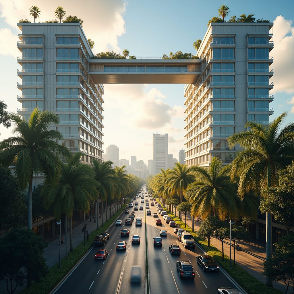 A majestic, modern school rises from the heart of Kingston, its twin sleek glass towers connected by a dramatic, elevated skybridge that soars above a bustling city street, captured in a cinematic film still with the warmth of 35mm film, rich film grain, and a subtle vignette. The rooftop oasis, filled with swaying palm trees and lush tropical plants, provides a serene escape for students, while the boldly cantilevered gymnasium offers breathtaking views of the vibrant urban tapestry below. Floor-to-ceiling windows flood the airy classrooms with natural light, framing the dynamic cityscape in a stunning display of modern, tropical design.