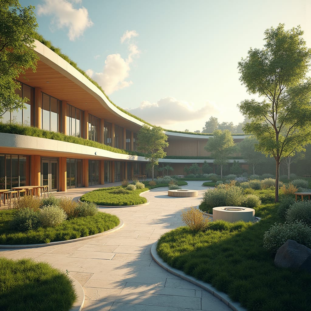 Futuristic, eco-friendly school campus with sleek, curved lines and expansive glass windows, flooding open learning spaces with natural light, juxtaposed with lush green roofs and rows of solar panels, amidst a sprawling, sustainable landscape. Outdoor classrooms seamlessly integrate with the natural surroundings, while a large central courtyard serves as a vibrant hub, fostering collaboration and community. Bamboo and recycled steel accents infuse the design with warmth and environmental responsibility. Flexible classrooms feature modular, reconfigurable layouts, adapting effortlessly to diverse teaching styles.