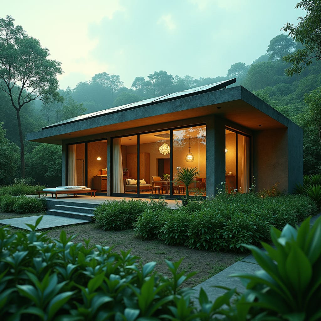 Contemporary green home in Jamaica featuring a stunning green roof, solar panels, extensive use of glass for natural light, and an innovative rainwater harvesting system. A perfect blend of sustainable design and modern aesthetics.