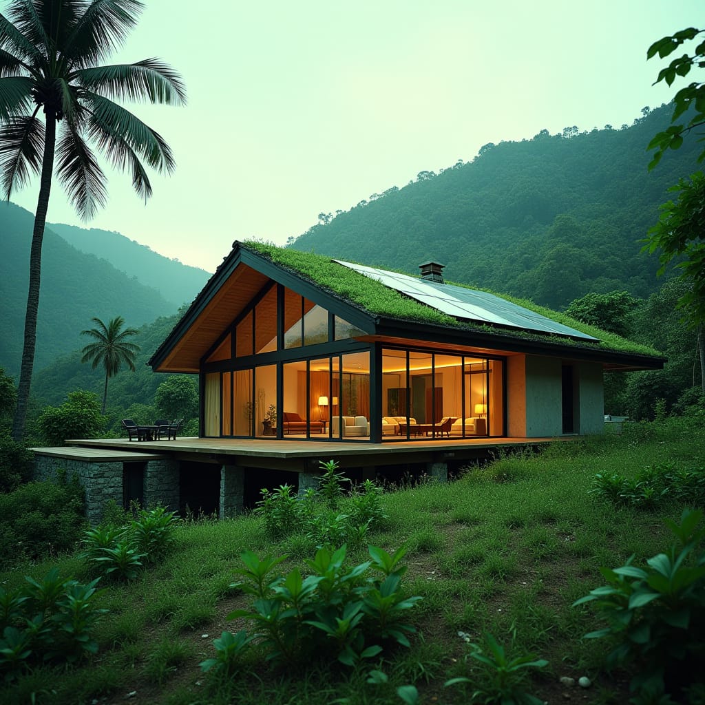 Contemporary green home in Jamaica featuring a stunning green roof, solar panels, extensive use of glass for natural light, and an innovative rainwater harvesting system. A perfect blend of sustainable design and modern aesthetics.