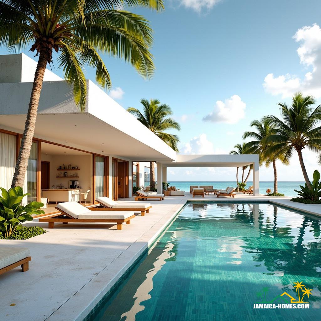 Serene tropical villa, minimalist architecture, sleek lines, white and soft pastel hues, airy interiors with floor-to-ceiling windows, seamlessly blending into expansive outdoor spaces, infinity pool reflecting the sky, modern furnishings with clean silhouettes, palm trees swaying in the breeze, ocean-inspired accents in shell and driftwood tones, set against a vibrant turquoise sea, with a warm golden light casting long shadows