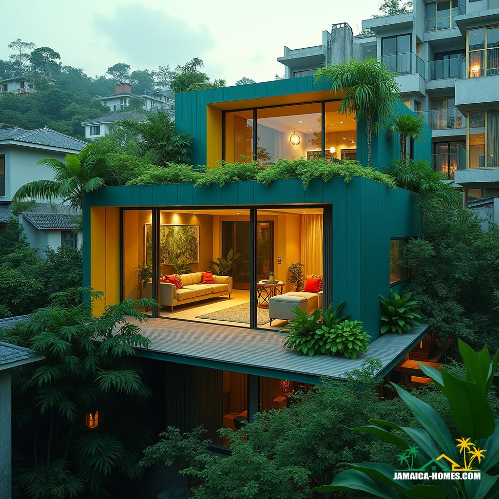 A sleek, modern, compact modular home, nestled in a dense urban Jamaican neighborhood, vertical lines and lush rooftop gardens bursting with vibrant greenery, foldable furniture blending seamlessly into flexible interiors, exteriors painted in a palette of teal, green, and yellow, evoking the spirit of tropical modernism, sustainable living in harmony with the urban jungle.