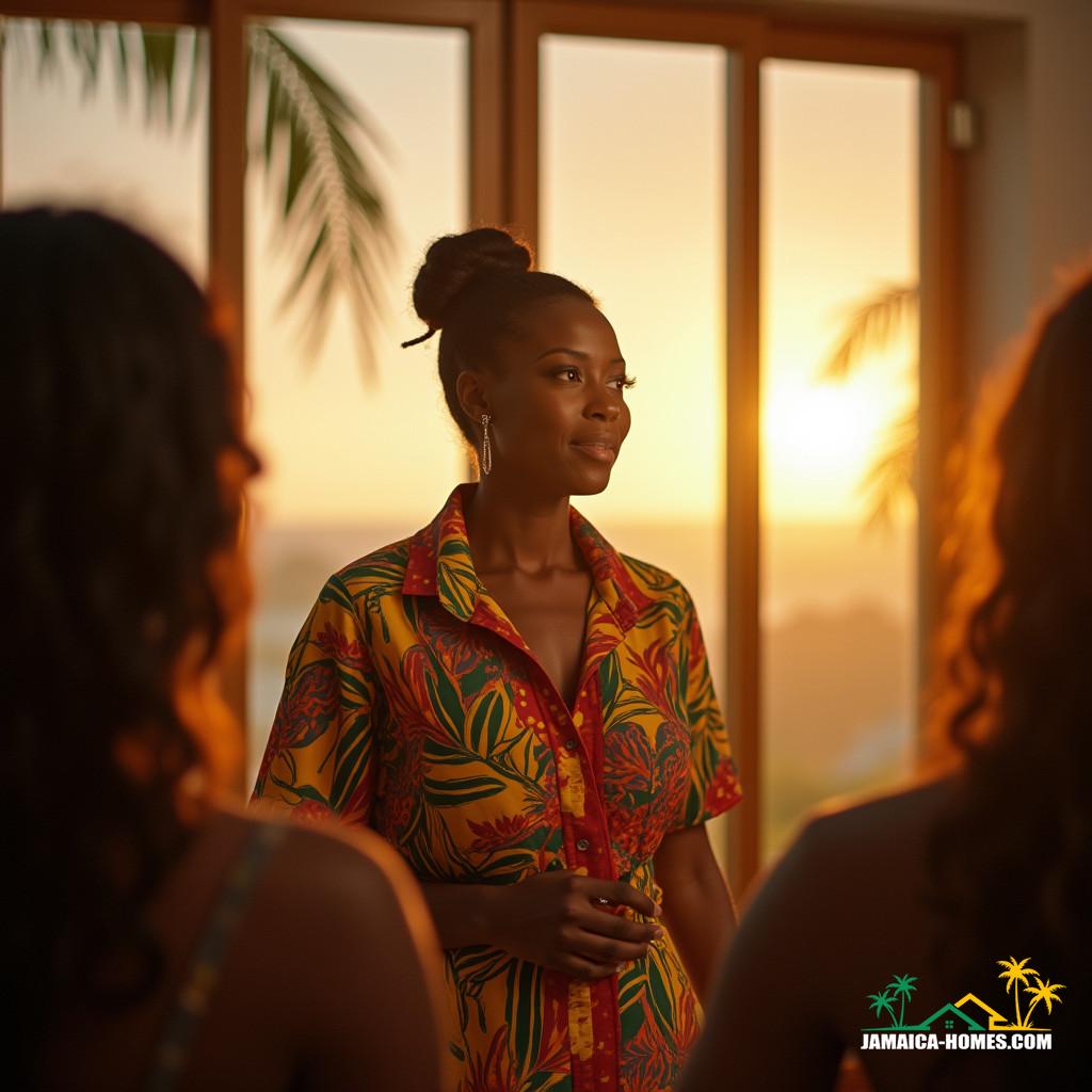 A majestic Jamaican woman, dressed in vibrant island attire, stands at the forefront of a Caribbean project management briefing, exuding confidence and authority as she addresses her team, the atmosphere charged with anticipation and focus. Soft, warm light, reminiscent of a tropical sunset, pours in through the windows, casting a golden glow on the scene, accentuated by the cinematic lighting of a live-action