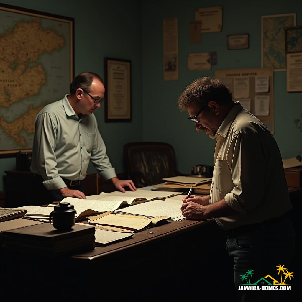 A frustrated homeowner stands in front of a worn, wooden desk, cluttered with papers and files, as a bespectacled clerk hunches over, pen in hand, making mysterious entries on a title deed, in a dimly lit, dusty records room, with faded Jamaican maps and vintage cameras on the walls, cinematic film still, evoking the style of cinematographer Emmanuel Lubezki, infused with the gritty realism of photographer Josef Koudelka, and the nostalgic warmth of director Wes Anderson, shot on a virtual equivalent of a v-raptor XL