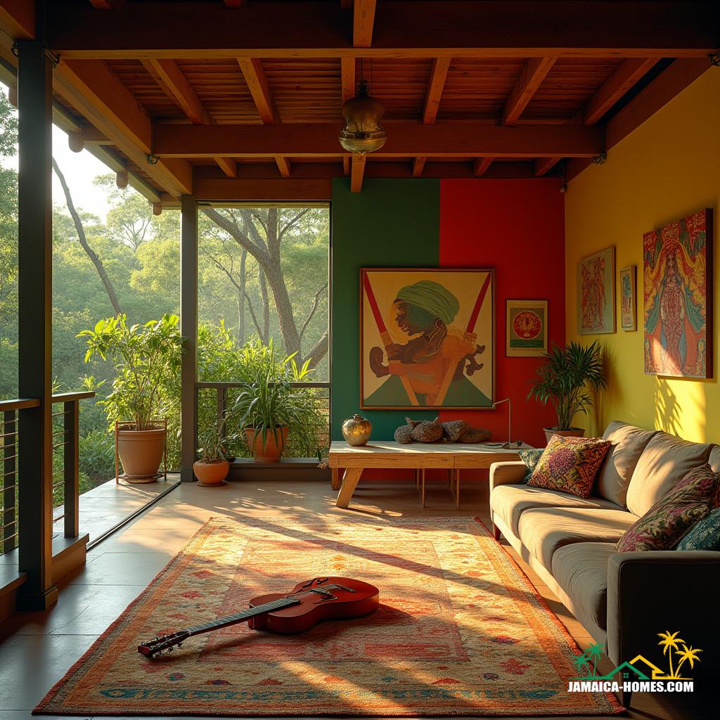 A Jamaican music-inspired home, bathed in warm golden light, with bold geometric patterns and vibrant murals adorning the walls, set against a backdrop of lush greenery. Open-plan living areas flow seamlessly into a music studio, where a guitar lies on a colorful rug, and a gallery showcases eclectic artwork. Exposed wooden beams and modern metallic accents blend harmoniously, while red and green hues dance across the walls, evoking the island's energetic spirit.
