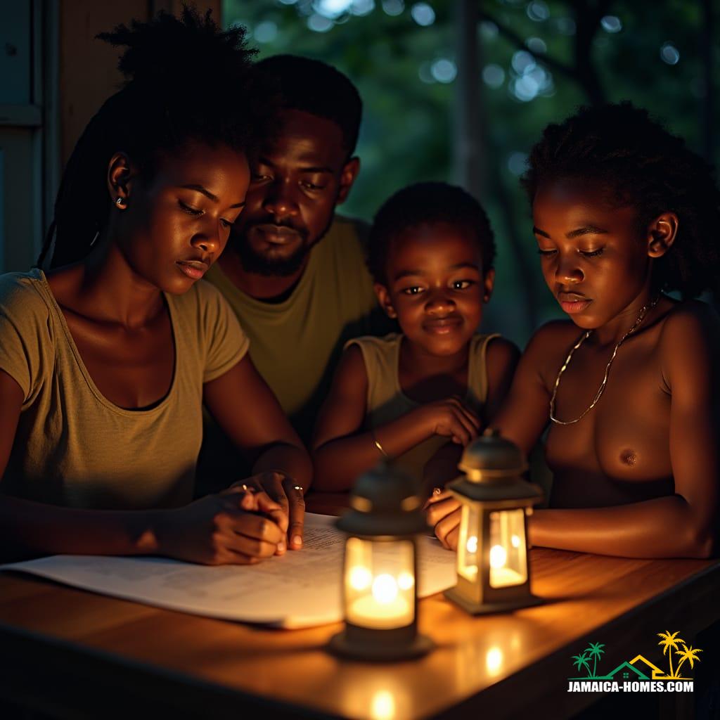 A Jamaican family gathered around a wooden desk, surrounded by the warm glow of lanterns, as they pore over the Will of their deceased loved one, a mix of sadness and uncertainty etched on their faces, the executor's hands gently guiding them through the process, a faint film grain and vignette subtly framing the scene