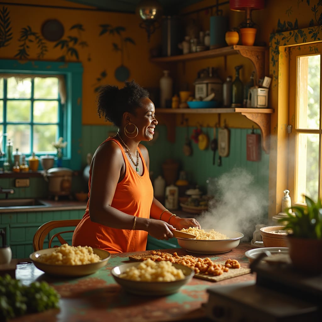 A Jamaican woman in a warm, inviting kitchen, surrounded by vibrant island decor, warmly smiles as she prepares a traditional meal, evoking the spirit of community and connection that defines Nyam, captured in a cinematic film still, reminiscent of the works of Roger Deakins, Emmanuel Lubezki, and Bradford Young, with a warm, golden color palette