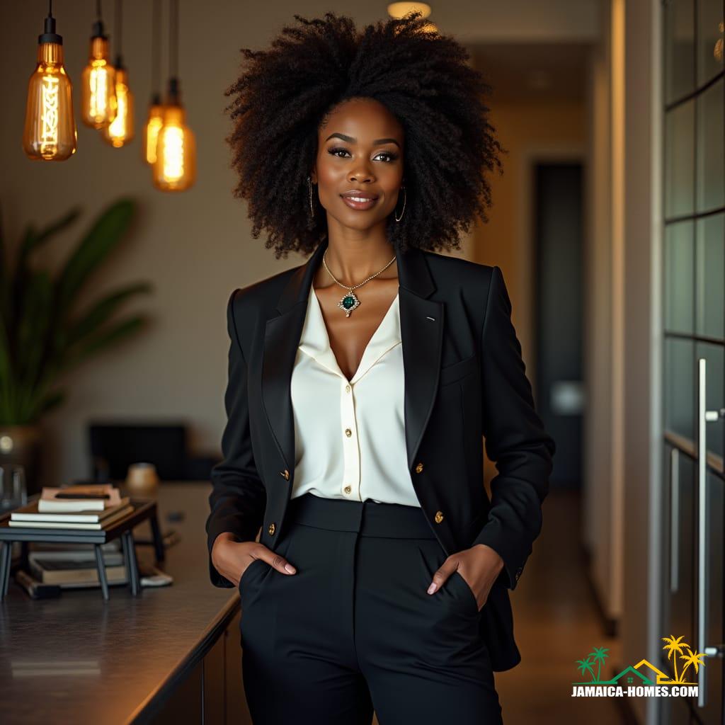 A stunning Jamaican woman with alabaster skin, curvaceous figure, and effortless poise, exudes confidence and sophistication in a tailored, high-collared power suit, adorned with subtle Rastafarian accents, her natural curls or styled locs adding a touch of cultural flair. With a warm, inviting smile, she stands in a sleek, modern office, surrounded by minimalist decor, polished wood accents, and expansive glass windows, her professionalism and success palpable.