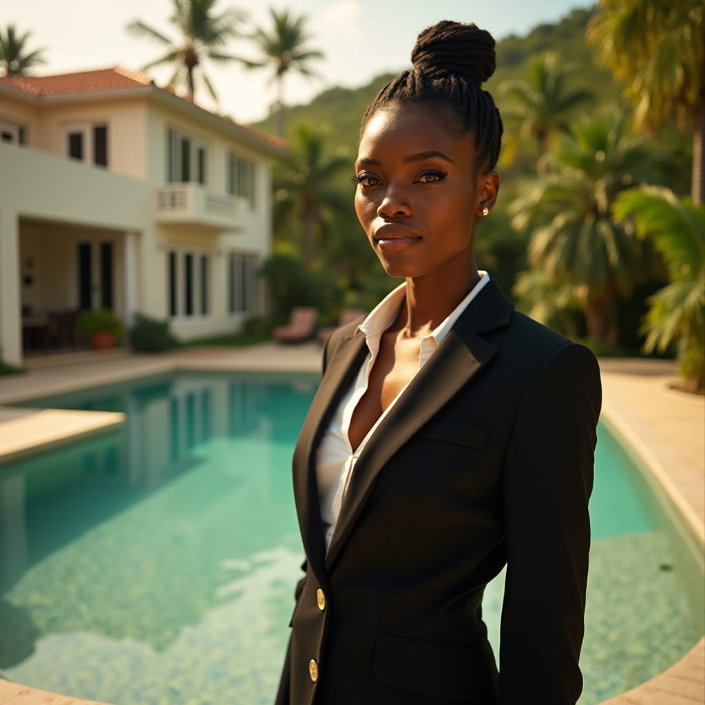 A powerful black woman, dressed in a sharp business suit, stands confidently in front of a luxurious Jamaican mansion, her eyes fixed on the property as she oversees its management as a receiver. The warm Caribbean sunlight casts a golden glow on her face, accentuating her determined expression. In the background, the mansion's lush gardens and crystal-clear pool evoke a sense of serenity, contrasting with the complex financial situation that led to her appointment.