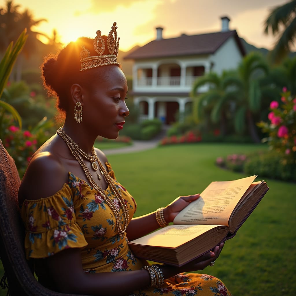 A regal Jamaican family matriarch, adorned in elegant attire and jewelry, sits in a lush garden surrounded by lush greenery and vibrant flowers, with a stately ancestral home in the background, symbolizing the legacy of inherited wealth and property. The warm, golden light of a Caribbean sunset casts a cinematic glow, as she holds a worn, leather-bound will, passing on her cherished assets to loved ones, ensuring the continuation of family traditions and heritage. The atmosphere is one of serenity, love, and reverence, as the matriarch's legacy is formalized, securing the future of her estate.