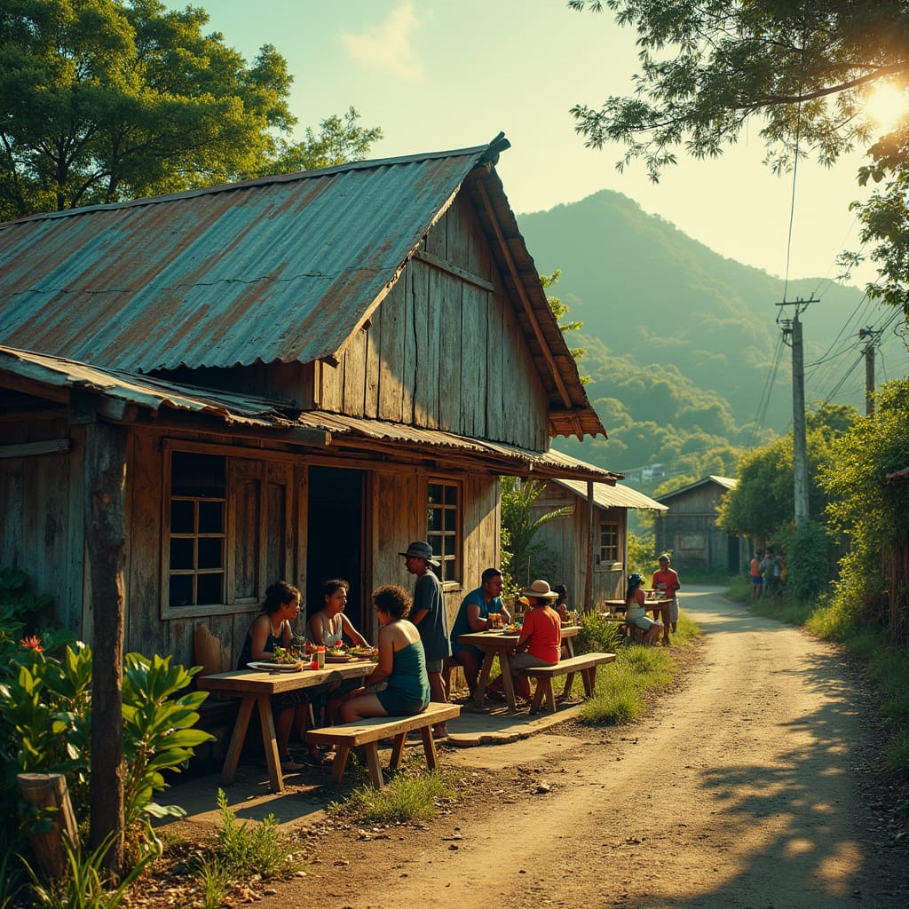 A rustic zinc-roofed restaurant in rural Jamaica, surrounded by lush greenery, with a weathered plywood exterior, adorned with bits of worn wood and vibrant tropical flowers, situated beside a winding road, with a humble wooden house in the background, partially hidden by the foliage. People of diverse ages and backgrounds gather at wooden tables, enjoying local delicacies and warm conversation, as the warm Caribbean light casts a golden glow on the scene.