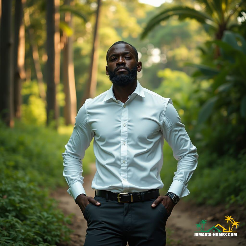 A sharply dressed black consultant, wearing a crisp white shirt and tailored pants, stands in the midst of a lush Jamaican landscape, surrounded by towering trees and vibrant greenery, as he meticulously conducts an Environmental Assessment, with a serious and focused expression. The scene is bathed in the warm, golden light of a Caribbean afternoon, with subtle shadows dancing across his face and clothing, evoking a sense of depth and dimensionality.