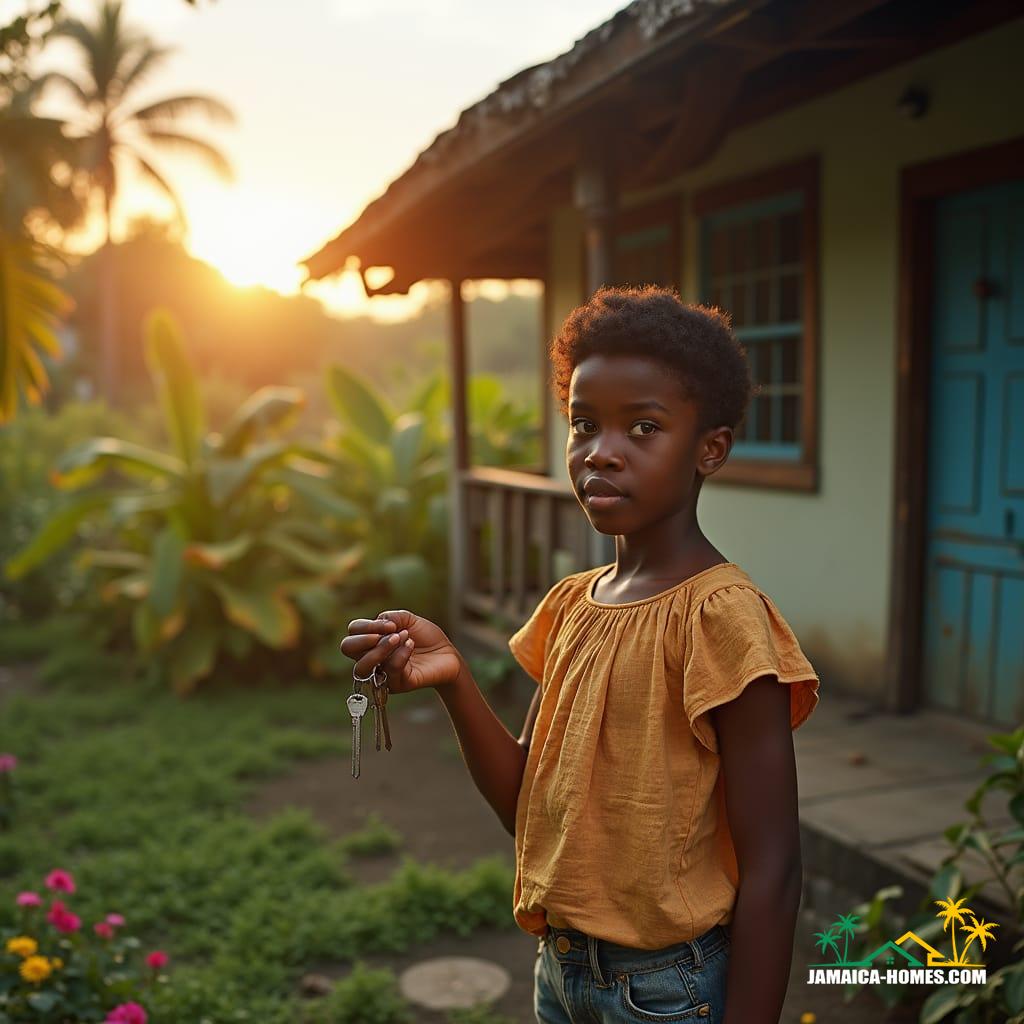A young Jamaican boy or girl, dressed in casual, vibrant attire, stands outside a modest, wooden family home, surrounded by lush greenery and colorful tropical flowers, with a warm, golden Jamaican sunset casting a gentle glow in the background. A soft, cinematic light illuminates their thoughtful, hopeful expression, as they hold a set of old, worn house keys in one hand, symbolizing a cherished family inheritance. Nearby, a friendly, trustworthy adult, dressed in comfortable, earth-toned clothing, stands with a kind, guiding presence, offering reassurance and wisdom on managing the property and funds until the young person comes of age. The atmosphere is serene, with a sense of safety and warmth, as the young person exudes curiosity and peace, knowing their future is bright.