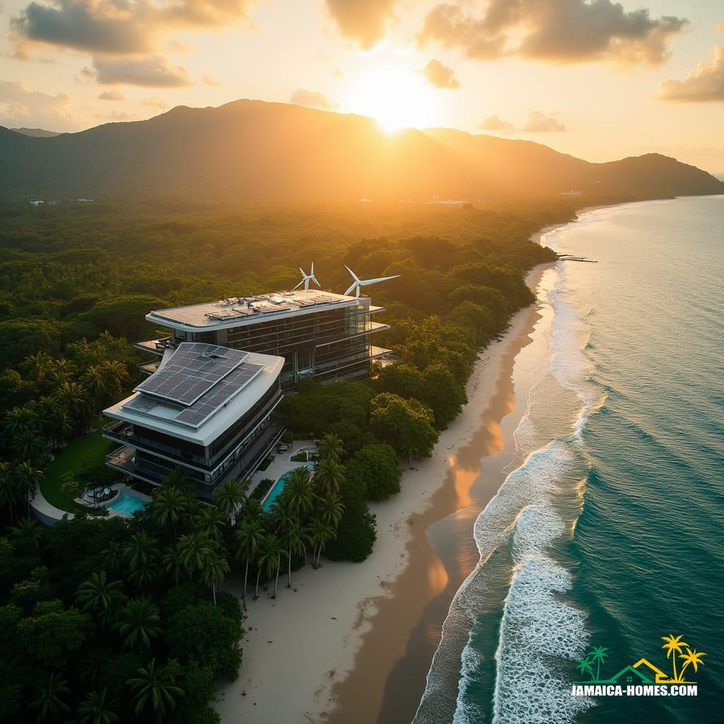 Aerial view of Montego Bay's coastline, showcasing a luxurious, eco-friendly resort seamlessly integrated into Jamaica's lush tropical landscape, as the warm golden light of sunset casts a cinematic glow. The resort's sleek, modern architecture is adorned with lush greenery, with solar panels and wind turbines subtly incorporated into the design. A serene beach lies at the foot of the resort, with gentle waves caressing the shore. In the distance, the misty silhouette of the Jamaican mountains rises, veiled in a thin layer of atmospheric haze.